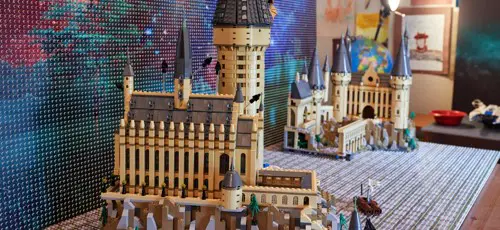 Magical Castles built with blocks in front of a slab baseplate mounted on the wall