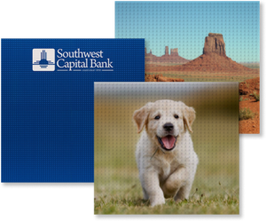 Three custom printed slab baseplates: Puppy, Finance Company, and Desert scene