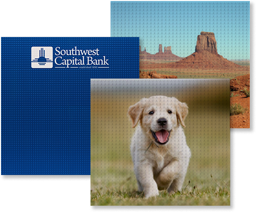 Three custom printed slab baseplates: Puppy, Finance Company, and Desert scene
